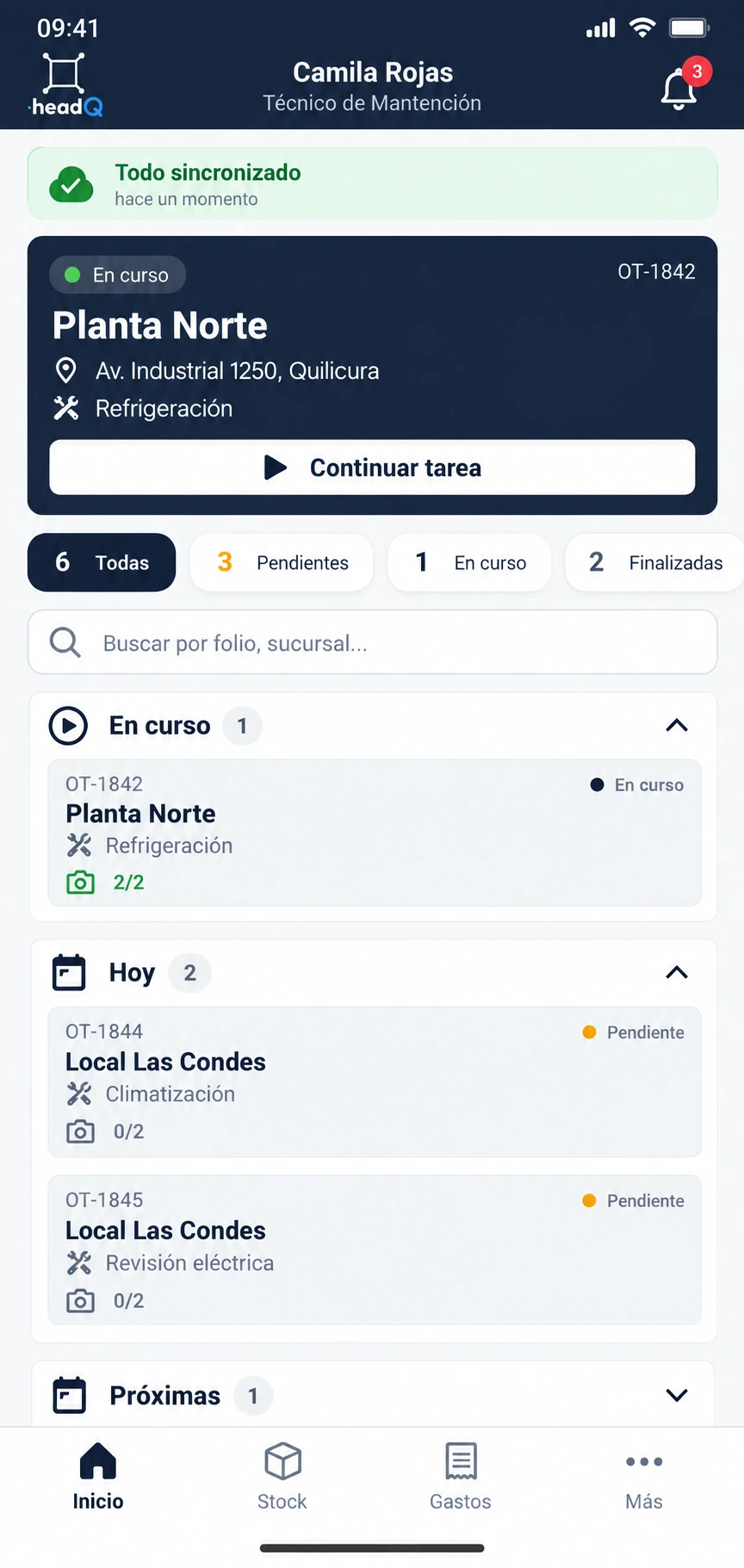 Mockup del inicio de la PWA de headQ: Camila Rojas puede continuar la OT-1842 en Planta Norte, ver sus próximos trabajos y comprobar la sincronización